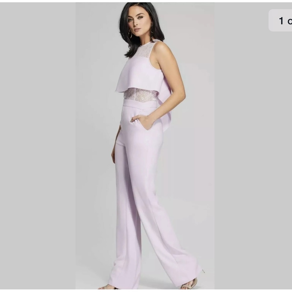New Guess Marciano Angelina Sheer Lace Wide Leg Lavender Jumpsuit 0 XS